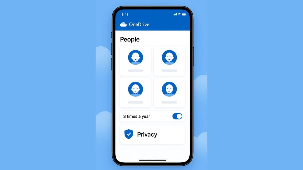 Front-facing smartphone on a blue cloud-patterned background displaying a OneDrive screen titled “People” with four circular avatar tiles in a 2x2 grid, a “3 times a year” toggle switched on, and a Privacy card with a shield icon.