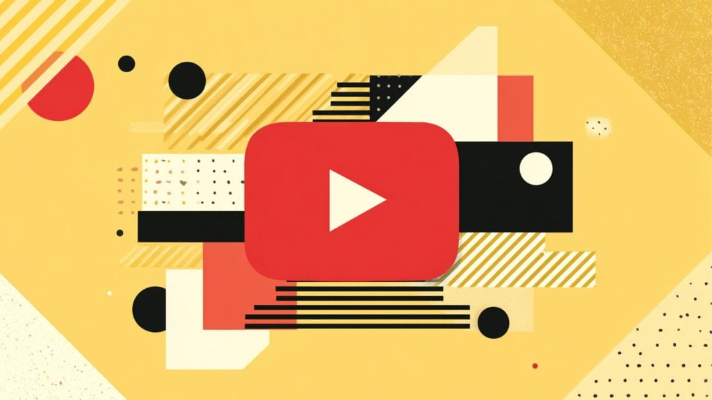 Red rounded-rectangle YouTube play button with a white triangle centered on an abstract yellow background of geometric shapes, black and white blocks, diagonal stripes and scattered dots