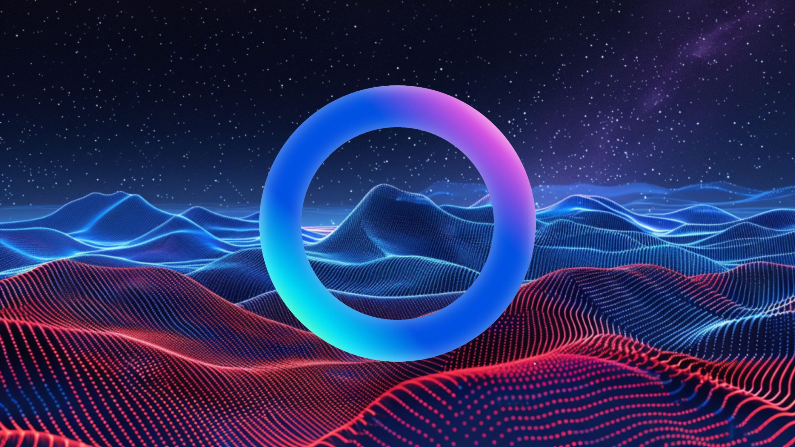 A floating neon gradient ring (blue blending to pink) centered above undulating digital waves made of glowing red and blue dotted grid lines, set against a starry night sky.