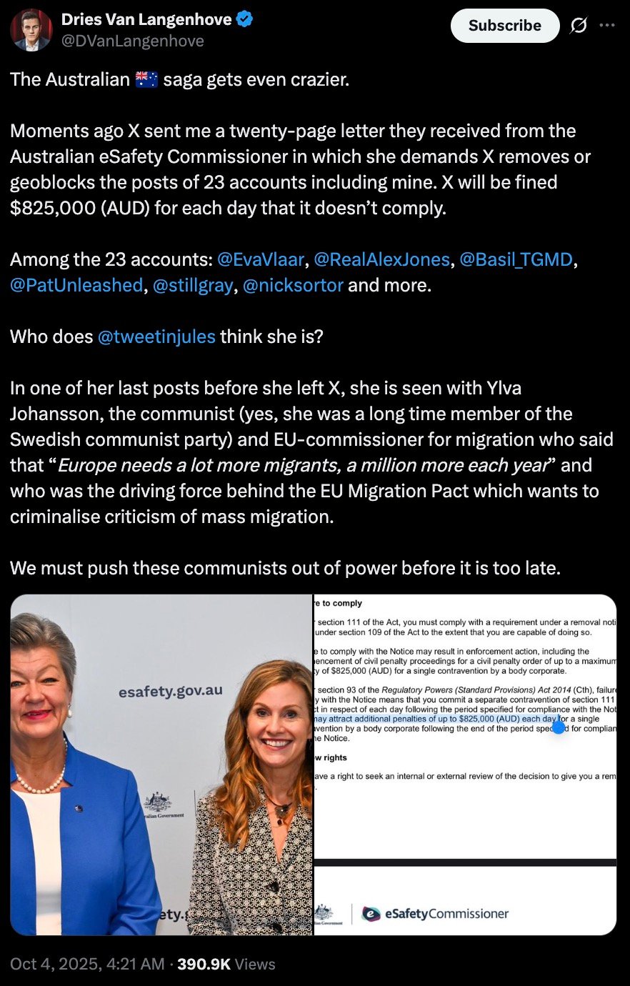 Screenshot of a tweet alleging the Australian eSafety Commissioner demanded removal or geoblocking of posts from 23 accounts with fines of AUD $825,000 per day, accompanied by a photo of two women standing in front of an 'esafety.gov.au' backdrop and a cropped copy of a formal letter bearing the eSafety Commissioner logo.