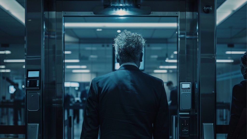Gray-haired man in a dark suit seen from behind walking through a glass security gate or scanner in a blue-lit modern building, with electronic access panels on either side and blurred people in the background.