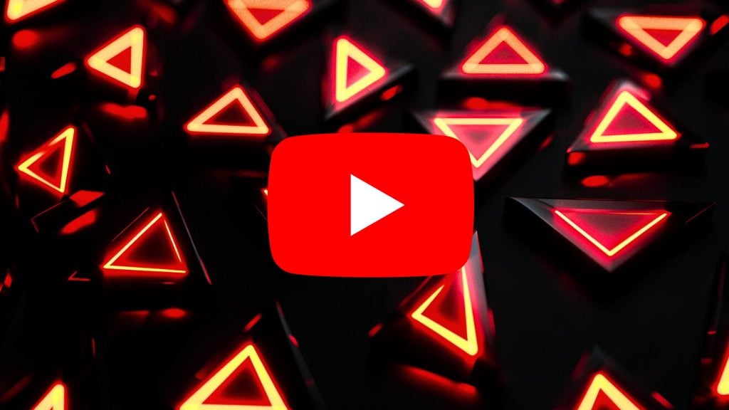 Centered large red YouTube play icon with a white play triangle over a dark field of scattered black triangular prisms glowing with neon red triangular outlines.