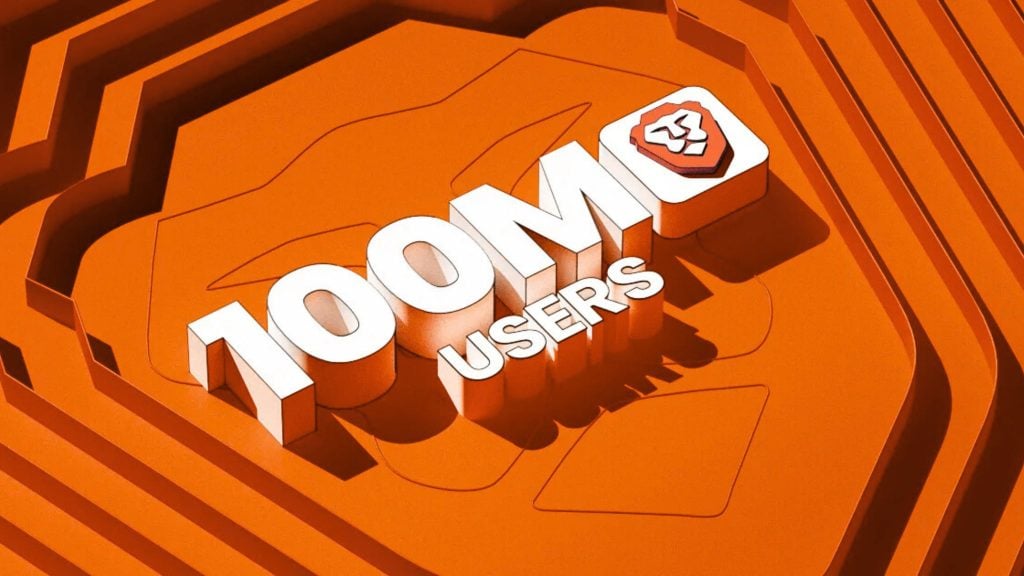 White 3D text reading "100M USERS" set against an orange layered geometric background, with a small rounded-square tile showing the Brave browser lion shield logo beside the text.