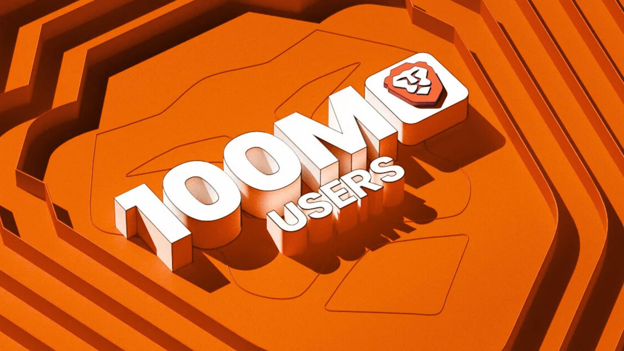 White 3D text reading "100M USERS" set against an orange layered geometric background, with a small rounded-square tile showing the Brave browser lion shield logo beside the text.