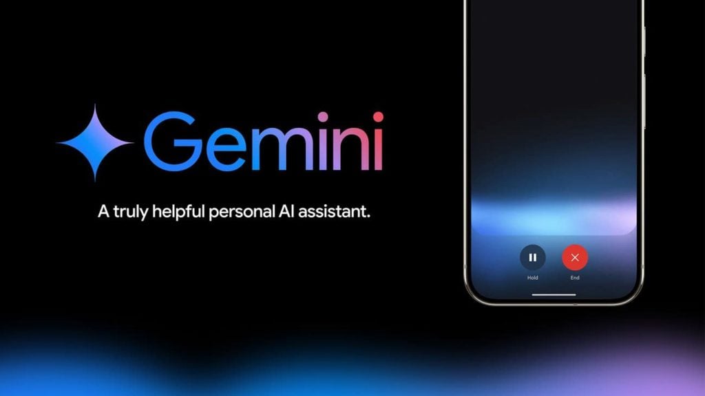 Gemini wordmark and star logo in a blue-to-pink gradient with the tagline “A truly helpful personal AI assistant” on a black background, next to a smartphone screen displaying a blue–purple gradient and Hold (pause) and End (red X) call buttons.