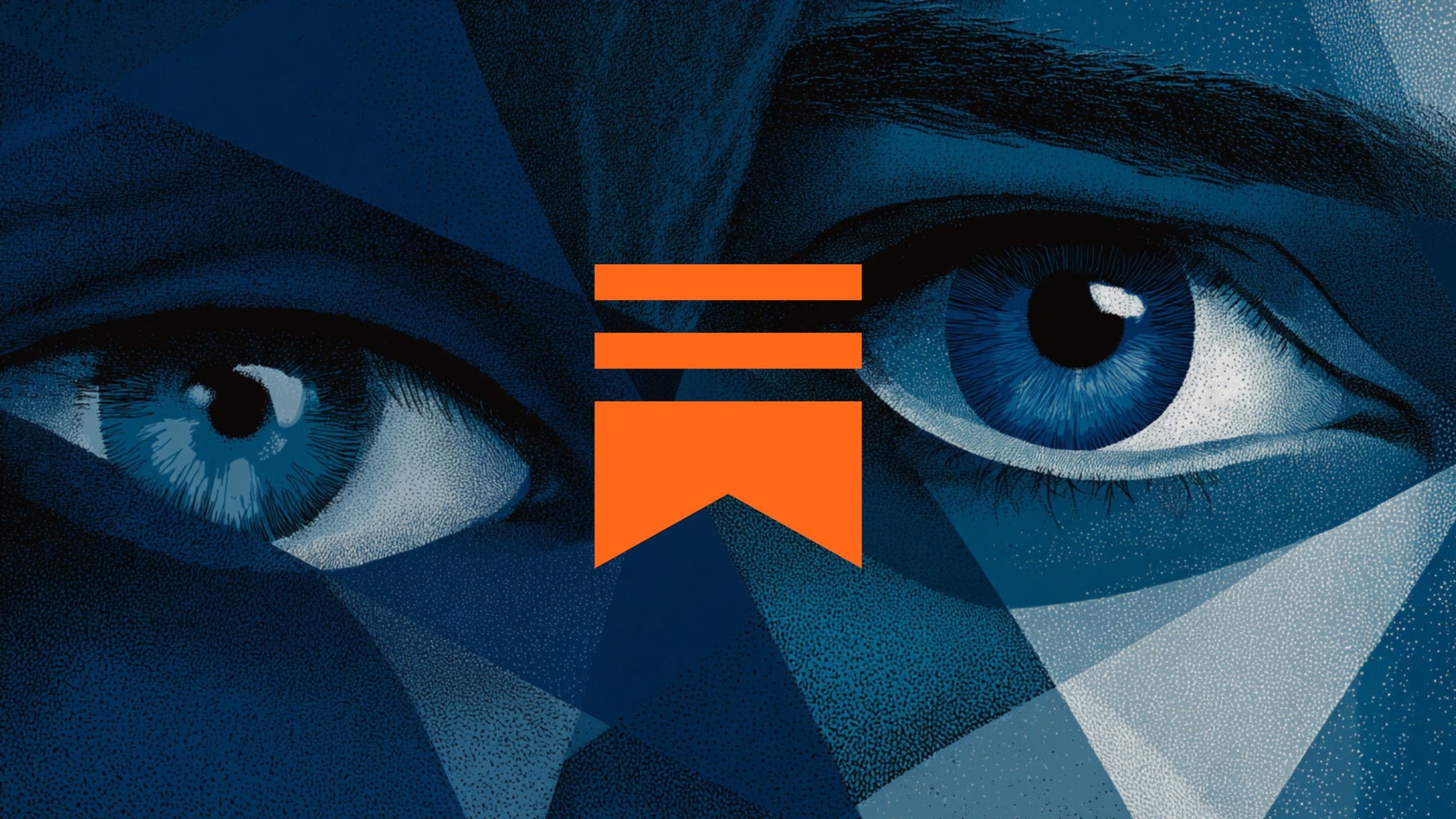 Stylized close-up of two blue human eyes set in layered geometric blue shapes and dotted texture, with a bright orange bookmark-like emblem centered over the nose area.