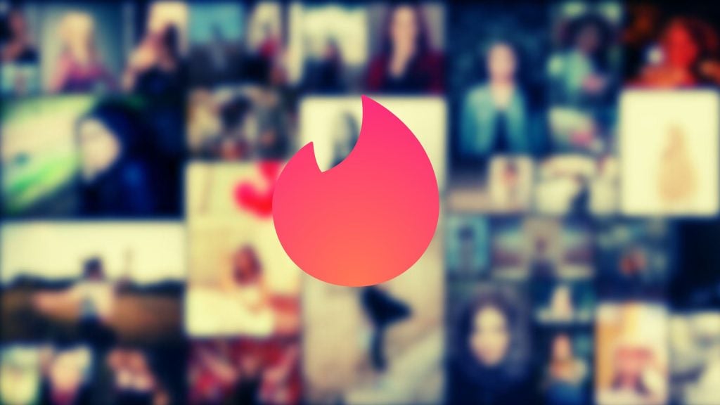 Large pink-orange Tinder flame logo centered over a blurred collage of people’s profile photos and thumbnails.