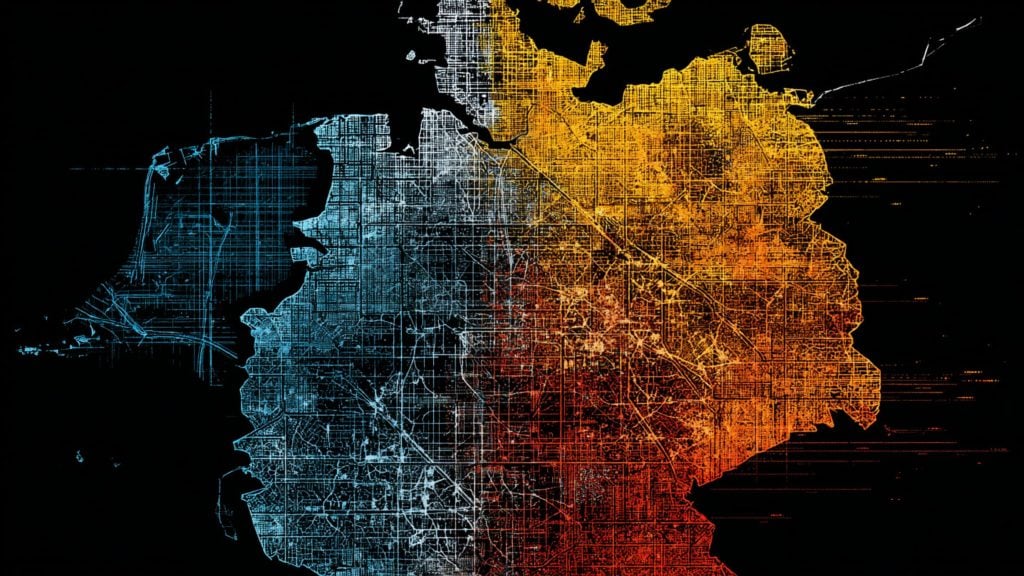 Stylized urban street map split vertically into a cool blue left half and warm yellow-to-red right half, showing dense grid streets and coastline outlines on a black background.