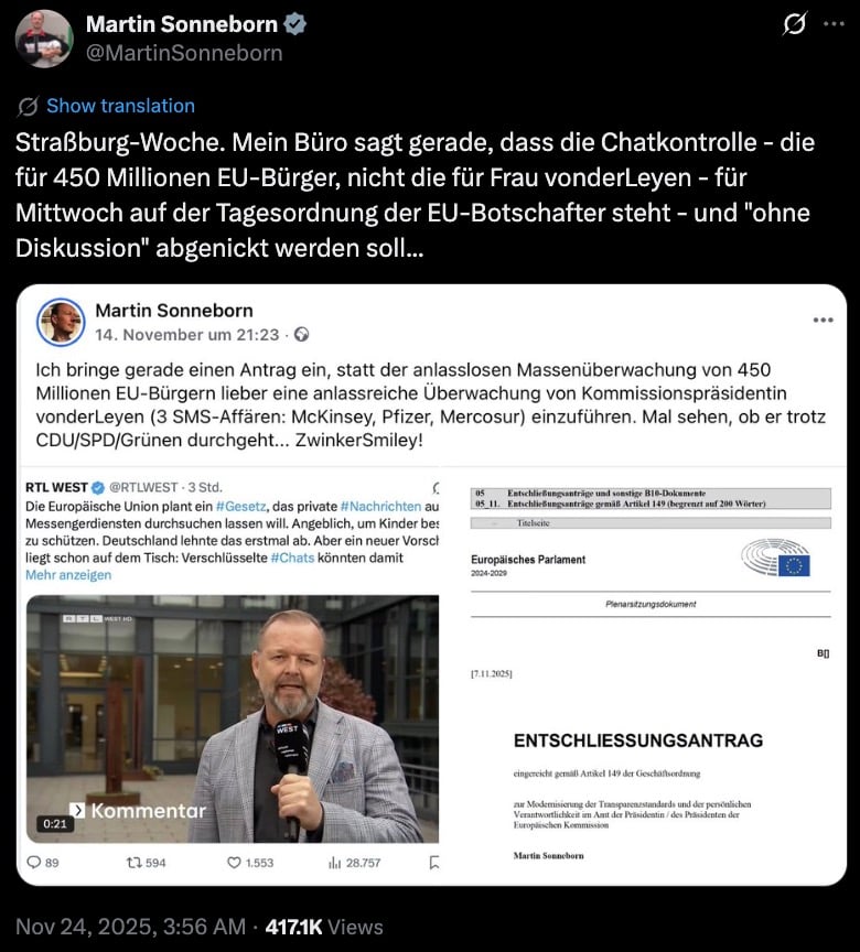 Screenshot of a German-language Twitter post discussing proposed EU 'chat control' for 450 million citizens, featuring an embedded news video thumbnail of a man holding a microphone on the left and a scanned European Parliament document titled “Entschliessungsantrag” on the right.