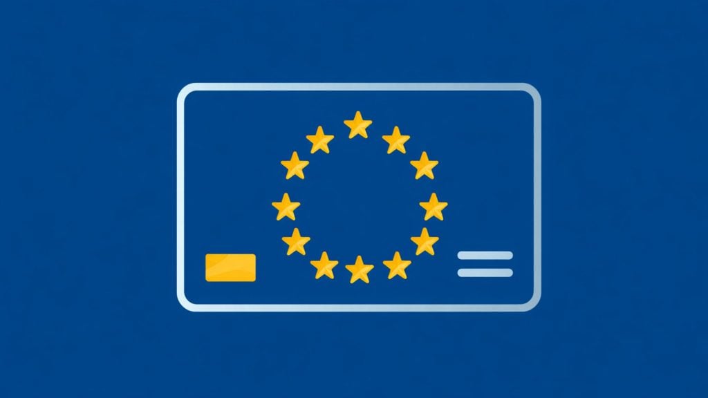 Stylized blue payment card outlined in light blue, featuring the EU’s twelve yellow stars arranged in a circle at center, a yellow chip at the lower left and two short white horizontal lines at the lower right.