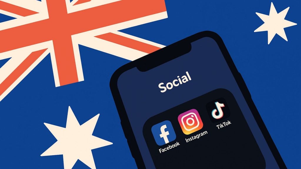 Angled smartphone showing a 'Social' folder with Facebook, Instagram and TikTok app icons, set over a stylized Australian flag with a Union Jack and white stars on a blue field.