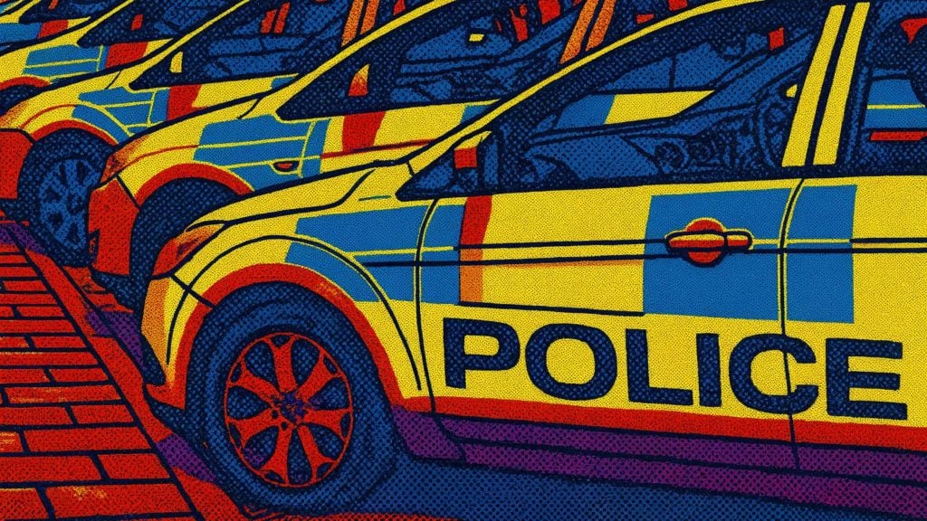 Pop-art style close-up of a row of yellow-and-blue police cars parked in a line, featuring bold POLICE lettering and high-contrast halftone red, blue and purple color overlays.