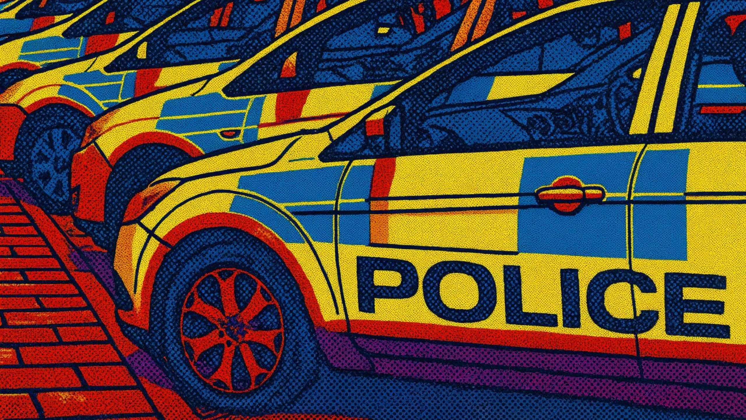 Pop-art style close-up of a row of yellow-and-blue police cars parked in a line, featuring bold POLICE lettering and high-contrast halftone red, blue and purple color overlays.