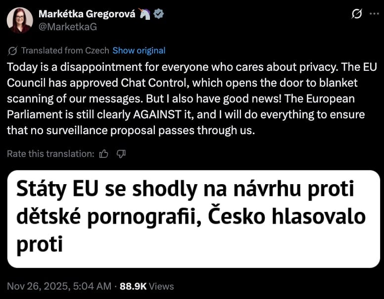 Dark-mode screenshot of a verified Twitter/X post warning that the EU Council approved “Chat Control,” allowing blanket scanning of messages, while saying the European Parliament opposes it; an embedded Czech headline reads “EU states agreed on a proposal against child pornography, Czechia voted against”; timestamp Nov 26, 2025, 5:04 AM and 88.9K views are shown.