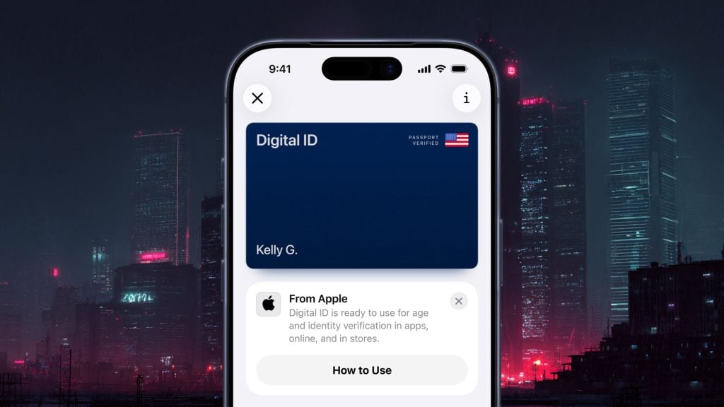 Close-up of an iPhone screen showing a blue Digital ID card labeled “Kelly G.” with a small US flag and “Passport Verified” badge and an Apple notification about using the digital ID, framed against a dark neon-lit city skyline.