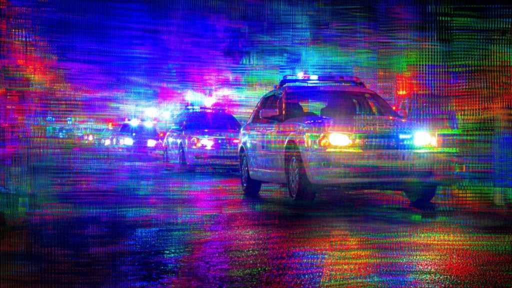 Line of police cars on a wet street at night with flashing red, blue, and white lights casting vivid, glitch-like multicolored reflections across the pavement.