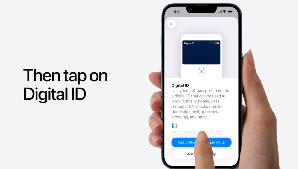 Hand holding an iPhone showing a Digital ID setup screen with a blue card image and a finger about to tap the blue "Add to iPhone and Apple Watch" button, while large text on the left reads "Then tap on Digital ID".