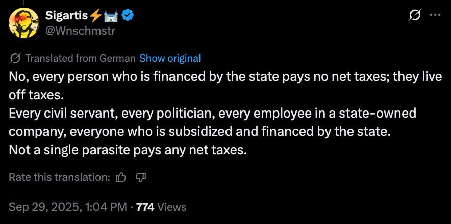 Screenshot of a translated social-media post on a dark background that reads: No, every person who is financed by the state pays no net taxes; they live off taxes. Every civil servant, every politician, every employee in a state-owned company, everyone who is subsidized and financed by the state. Not a single parasite pays any net taxes. The post shows a translation note, the date Sep 29, 2025, and 774 views.
