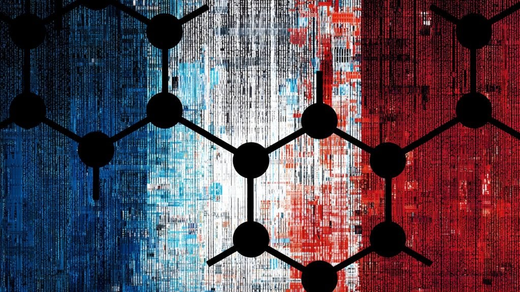 Black silhouetted network of connected circular nodes over a textured digital French flag background with blue, white, and red vertical stripes made from code-like patterns.