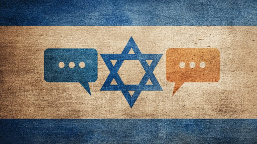 Israeli-flag background with a blue Star of David centered between a blue speech bubble on the left and an orange speech bubble on the right, each containing three ellipsis dots.