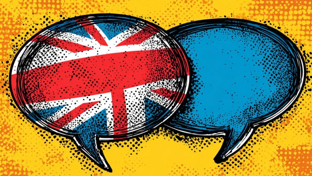Two overlapping comic-style speech bubbles on a yellow pop-art background, the left filled with a halftone Union Jack flag and the right a solid blue bubble.