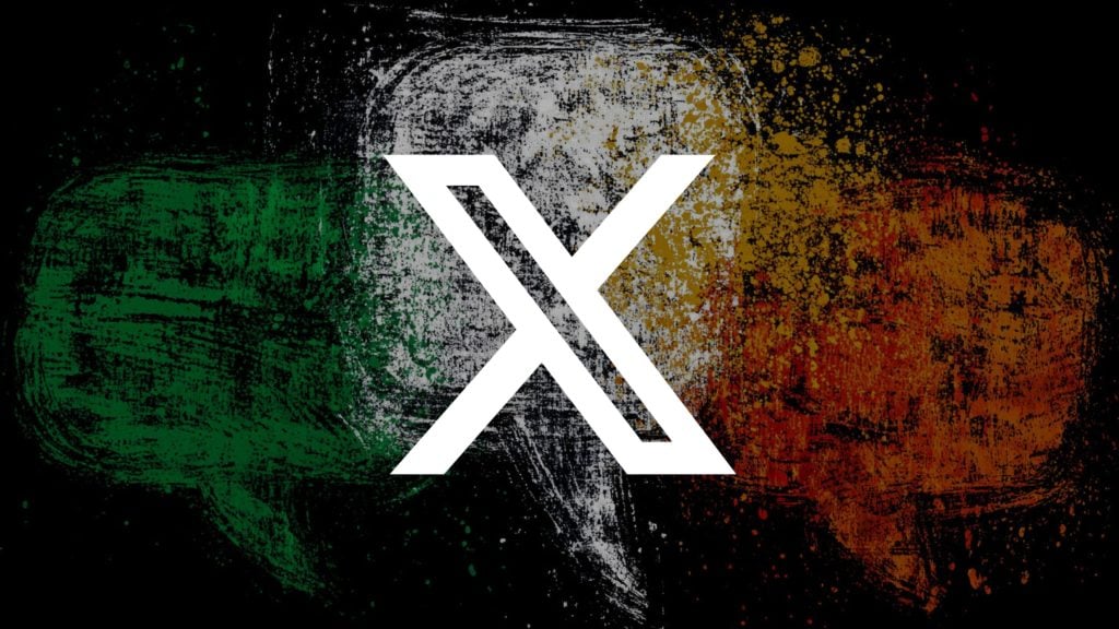 Large white stylized X centered on a grunge-textured Irish tricolor background with green at left, white in the middle and orange at right on a black field.