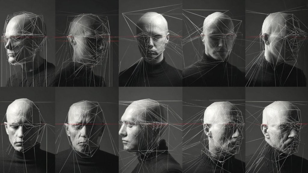 Grid of ten black-and-white portrait studies of a bald male head in a dark turtleneck shown from various angles, each overlaid with white geometric wireframe lines mapping facial planes and a thin red horizontal line aligning the eyes.
