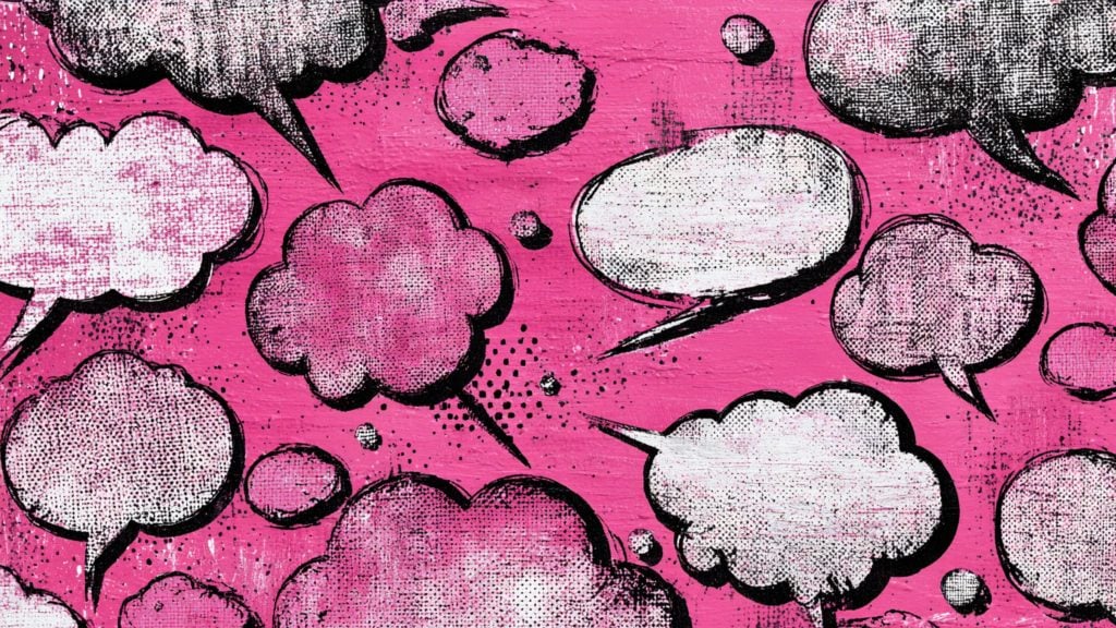 Grungy pink background covered with various comic-style speech and thought bubbles in white and lighter pink, outlined and shaded with black halftone dots and distressed texture.