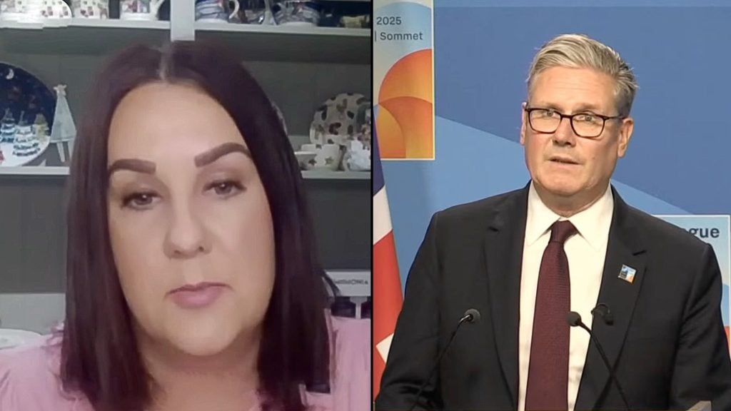 Split-screen showing a close-up of a Connolly with shoulder-length dark hair and a pink top in front of shelves of teacups on the left, and Starmer wearing glasses, a dark suit and maroon tie speaking at a podium with microphones, a flag and a blue '2025 Sommet' backdrop on the right.