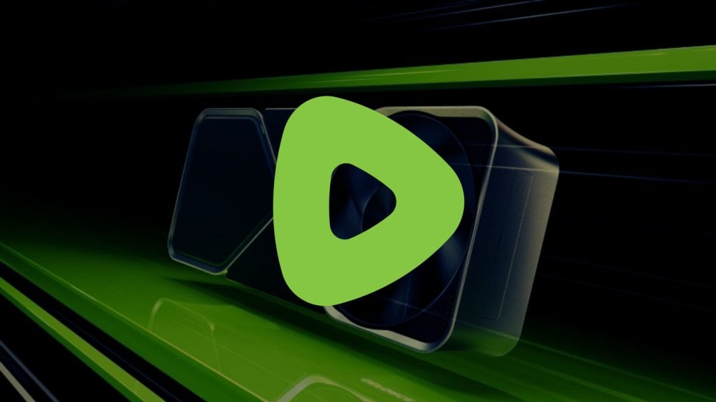 Bright lime-green rounded triangular play icon centered over a dark glossy camera or fan module, set against a black background with diagonal neon-green streaks and reflections.