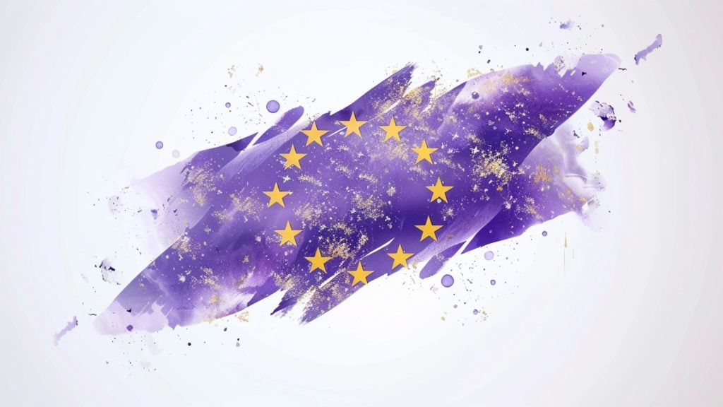 Twelve gold stars arranged in a circle over a sweeping purple watercolor brushstroke with gold flecks and paint splatters on a pale background.