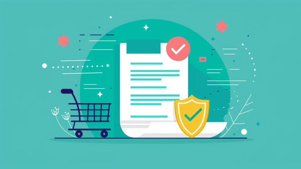 Illustration of a large receipt-like document with teal lines of text, a pink checkmark badge at the top, and a yellow shield with a green check in front, with a shopping cart to the left on a teal background decorated with stars and motion lines.