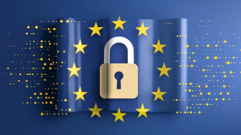 Blue European Union flag with twelve yellow stars on a rippled banner and a central beige padlock icon, with yellow and blue dotted streaks radiating outward to evoke digital security.
