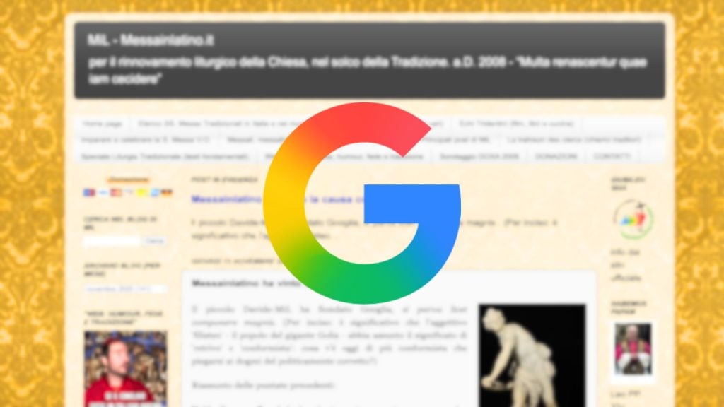 Large multicolored Google "G" logo centered over a blurred, gold-patterned webpage with Italian text and small images.