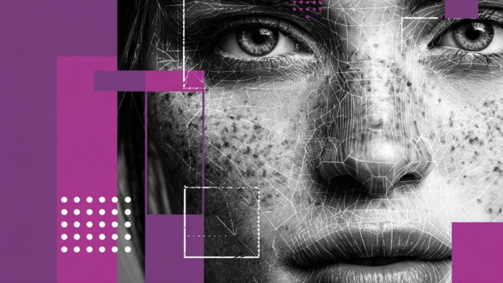Close-up black-and-white portrait of a person's eyes, nose and lips with freckles and a white wireframe mesh overlay, set against magenta and purple geometric blocks and a white dotted grid accent.