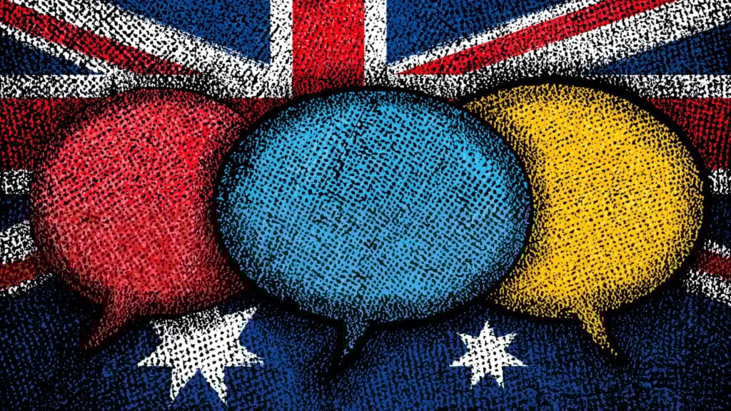 Three overlapping textured speech bubbles—red, blue, and yellow—centered over a stylized background combining the Union Jack and the dark-blue Australian flag with white stars.