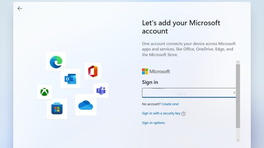 Setup screen titled “Let’s add your Microsoft account” with the Microsoft logo and a sign-in field on the right and a cluster of app icons (Edge, Outlook, Office, Teams, Xbox, Microsoft Store, OneDrive) floating on a pale background to the left.