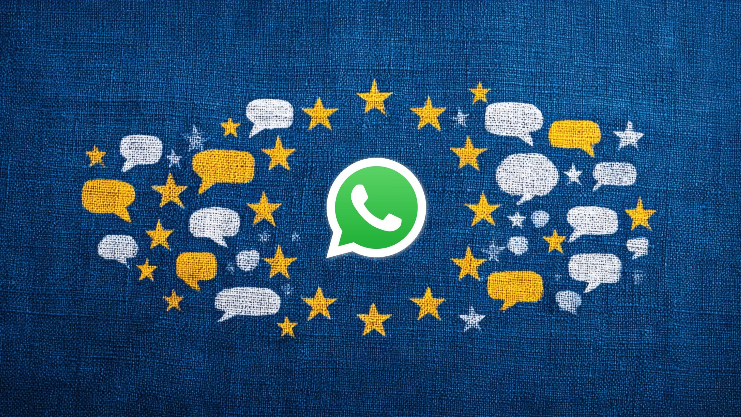 Green WhatsApp logo centered within a circle of yellow European Union stars, surrounded by white and yellow speech-bubble icons on a textured blue background.