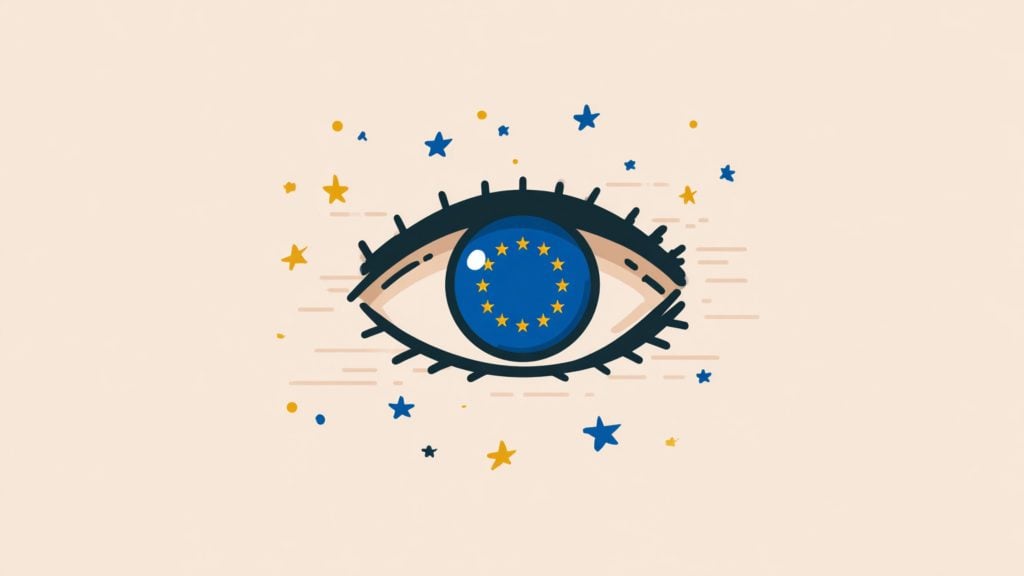 Stylized eye with dark lashes and a blue iris bearing the twelve yellow stars of the European Union flag, set on a pale beige background sprinkled with small blue and yellow stars and dots.