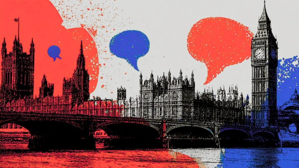 Stylized illustration of the Palace of Westminster and Big Ben across a bridge and the Thames, overlaid with large red and blue paint-splatter speech bubbles and color reflections on the water.