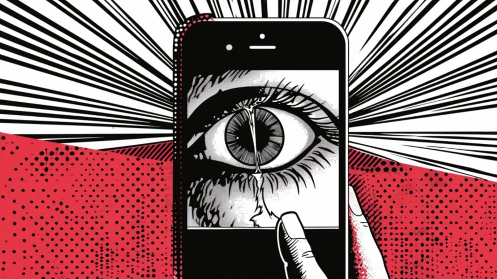 Pop-art style image of a hand holding a smartphone that displays a single large eye shedding a tear, set against red halftone dots and dramatic black radiating lines.