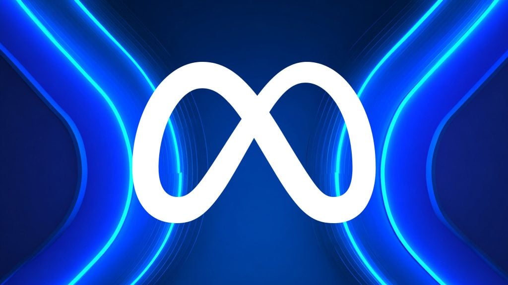 White Meta infinity-loop logo centered on a dark blue background with bright neon-blue curved light streaks and reflective gradients