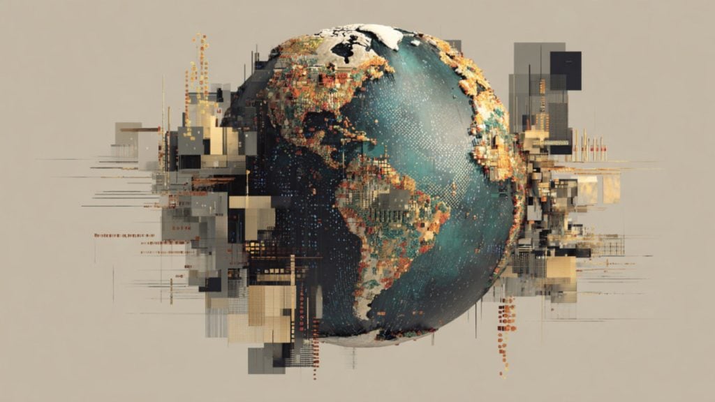 A stylized digital globe centered on the Americas with teal oceans and orange-gold land and city-like speckles, flanked by abstract geometric blocks and vertical lines suggesting urban skyscrapers against a pale beige background.