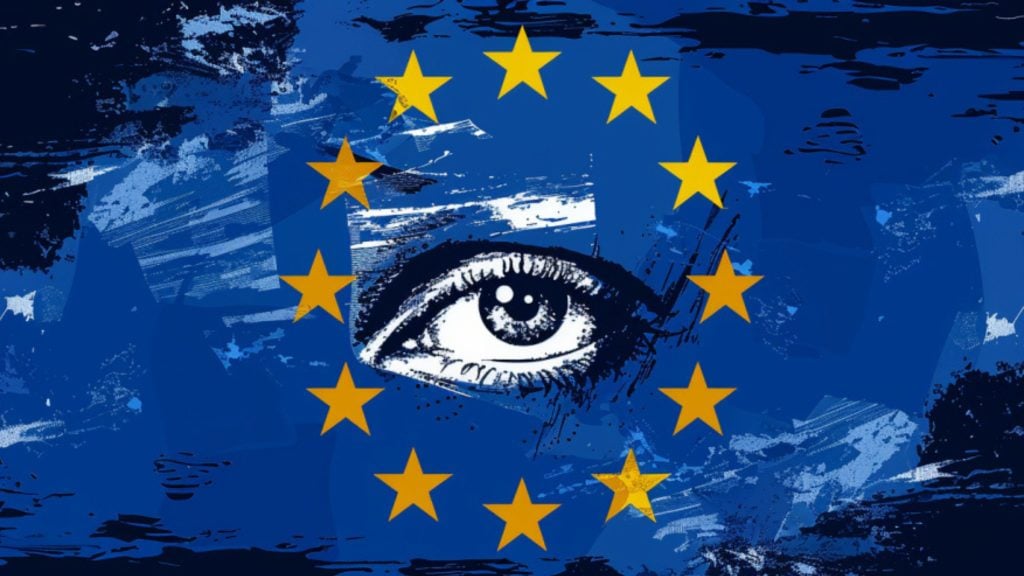 A stylized European Union flag with twelve yellow stars in a circle on a textured blue background and a large black-and-white human eye in the center.