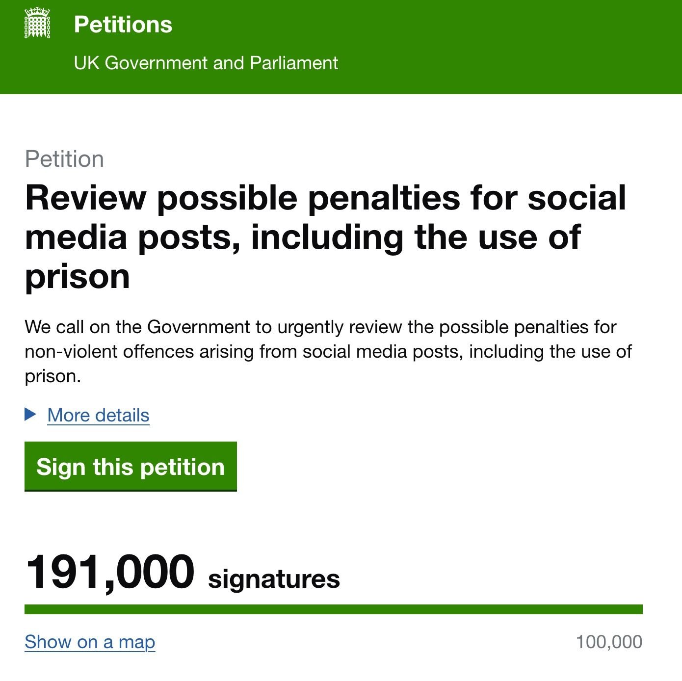 UK Government petitions webpage titled “Review possible penalties for social media posts, including the use of prison” showing the petition summary, a green “Sign this petition” button and a green progress bar indicating 191,000 signatures.