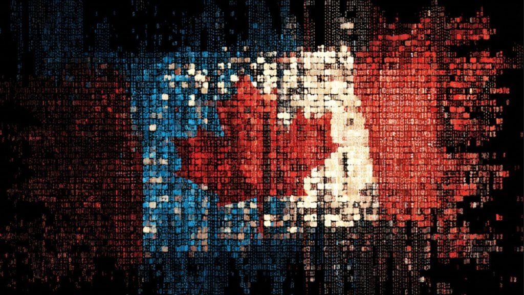 Stylized, pixelated digital mosaic of the Canadian flag showing a red maple leaf on a white square flanked by blue and red code-like squares and numbers on a black background.