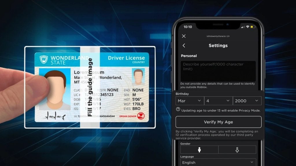 A hand holds a sample Wonderland State driver license inside a white scanning guide on the left while a smartphone on the right shows account Settings with birthday fields and a prominent "Verify My Age" button for ID verification.