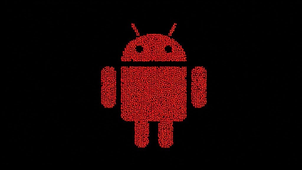 Red Android robot silhouette made from many small glowing red dots, showing its round head with two antennae, black eye holes, rectangular body, arms and legs on a black background.
