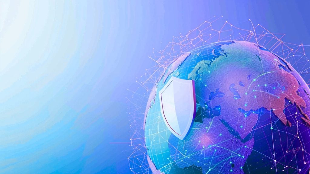Animated blue-purple digital globe with interconnected network lines and a prominent shield over Europe/Africa, symbolizing global cybersecurity and data protection.
