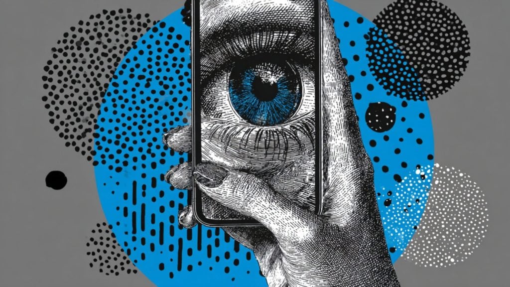 A black-and-white engraved hand holding a smartphone that shows a large, detailed blue human eye, set against a gray background with blue and black halftone dot circles.